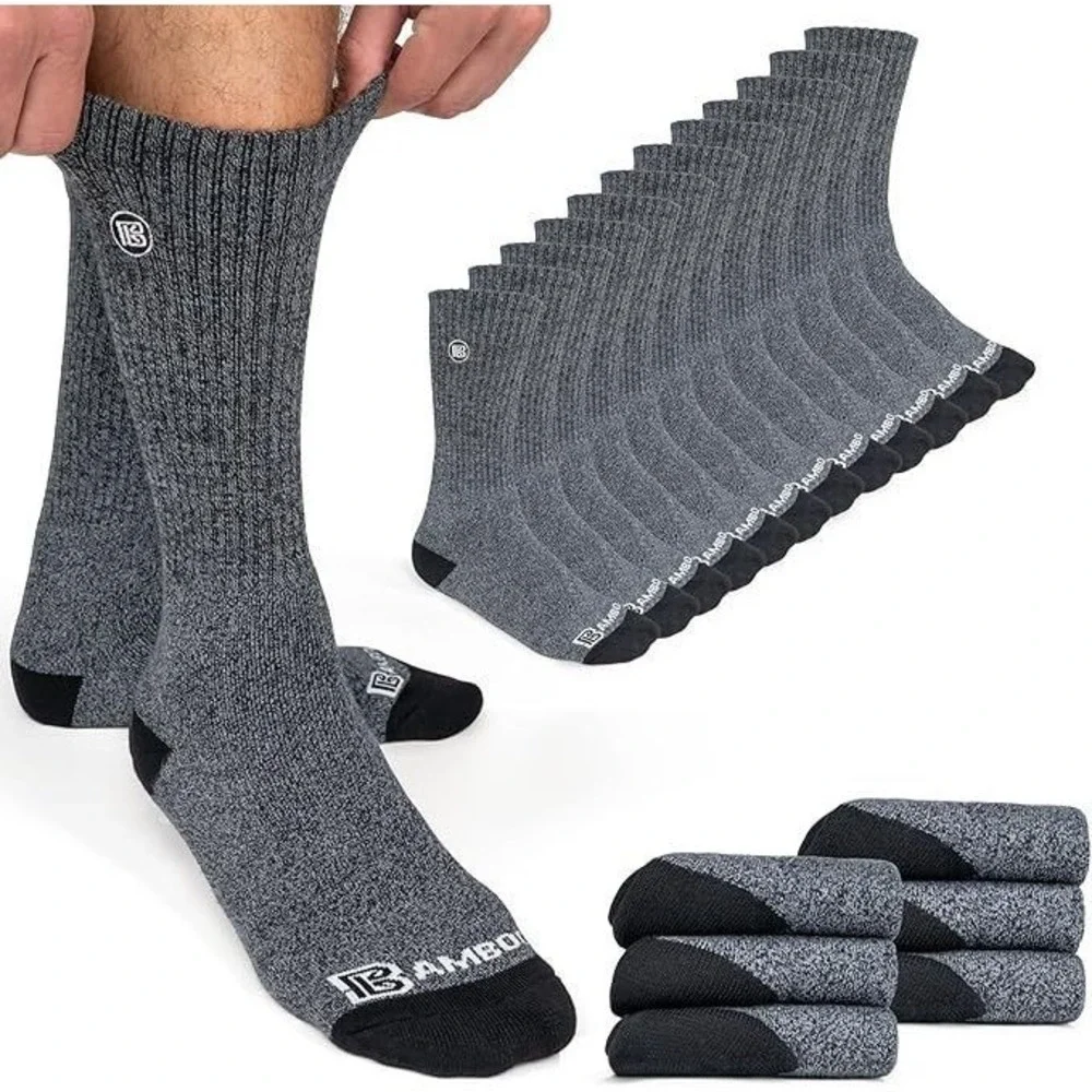 Bamboo Sports 6pk Unisex Premium Bamboo Rayon Work Hiking Crew Socks - Gray - L